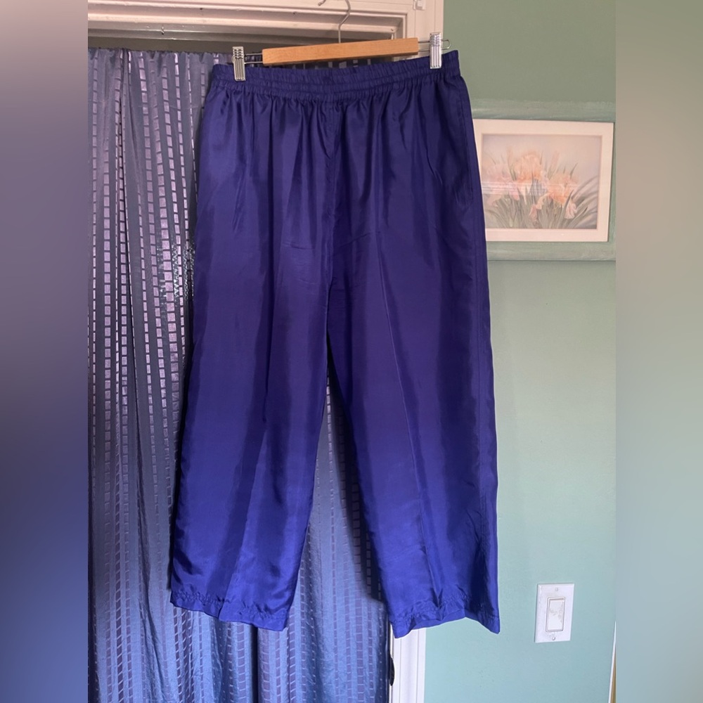 EVR Pants Women XL Purple Silk Pull On Pleated Lined Elastic Waist High Rise
